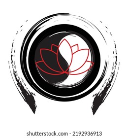 Zen logo with red lotus inside and brush stroke design.