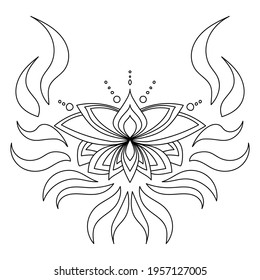 Zen lotus with curls and waves, outline symbolic flower vector illustration for design 