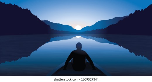 A Zen man, seated at the front of a boat, meditates while contemplating the calm and magnificent landscape of a lake surrounded by mountains.