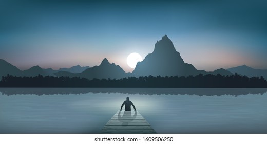 A Zen man, seated on a pontoon, meditates while contemplating the calm and magnificent landscape of a lake surrounded by mountains.
