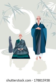 A Zen Master and one of his disciples in a Zen garden. A large calligraphic circle that represents emptiness. They belong to the tradition of Zen Buddhism.