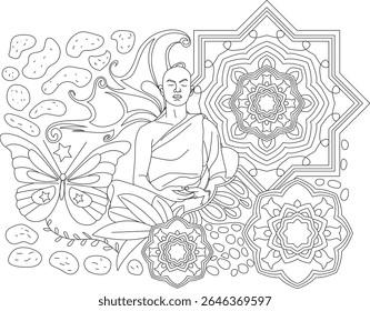 Meditação zen e mindfulness coloração página com uma figura espiritual, mandalas detalhadas, e motivos de natureza serena para relaxamento.