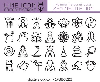 Juego de iconos del vector de meditación zen. Icono de línea modificable.