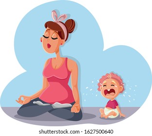 Zen Mom Relaxing in Yoga Pose and Baby Crying
Funny mother relaxing and meditating neglecting newborn
