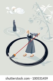 Zen monk in a garden drawing a large circle on the floor with a big brush. In the garden there is a stone and  few concentric circles of sand and bamboo plant. In the sky is the moon.