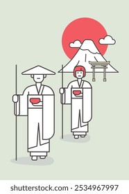 Monge e freira zen em peregrinação perto do Monte Fuji. Eles carregam um pau em uma mão, uma tigela para sua comida na outra mão. Estilo mínimo de ilustração de vetor.