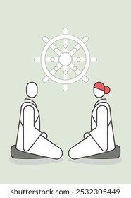 
A Zen monk and nun sitting in the lotus position facing each other. They are meditating or speaking formally. Behind them the wheel of dharma symbol of the eightfold path.
