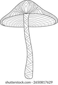 Zen Mushroom Line Art with Ornate Patterns for Coloring, Abstract Fungi Illustration, Detailed Botanical Drawing.