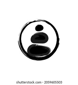 Composición de la naturaleza zen. Símbolo negro de los enso con piedras. Elementos escobillados, simbolizando la naturaleza, la armonía, el equilibrio. Ilustración vectorial. Señal de entrada de tinta y piedras de jardín asiáticas. Ilustración abstracta