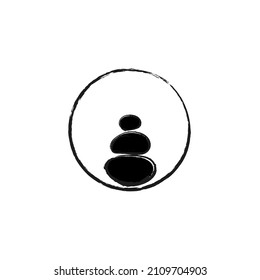 Zen nature composition. Black enso symbol with stones. Brushed elements, symbolizing nature, harmony, balance. Vector illustration. Ink enso sign and asian garden stones. Abstract illustration