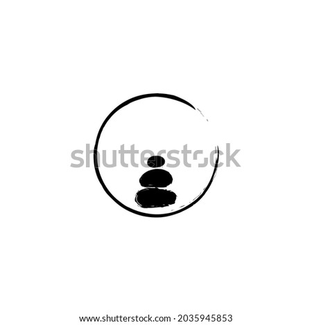 Zen nature composition. Black enso symbol with stones. Brushed elements, symbolizing nature, harmony, balance. Vector illustration. Ink enso sign and asian garden stones. Abstract illustration