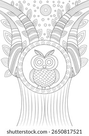 Trabalho de arte da coruja zen com estrelas e lua, um desenho preto e branco encantador para atenção plena e projetos criativos.