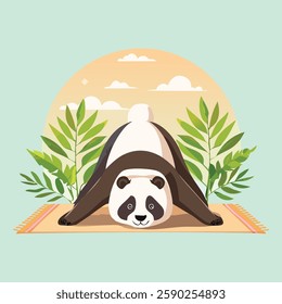 A zen panda doing the downward-facing dog pose, stretching gracefully, soft neutral tones, tranquil vector-style design