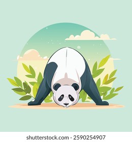 A zen panda doing the downward-facing dog pose, stretching gracefully, soft neutral tones, tranquil vector-style design