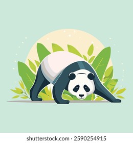 A zen panda doing the downward-facing dog pose, stretching gracefully, soft neutral tones, tranquil vector-style design