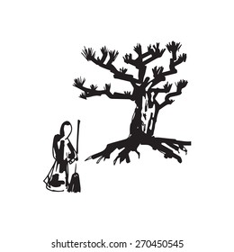 Zen priest sweep garden drawing