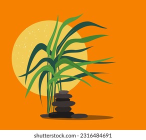 Zen rock tower, wild reed with long leaves waving in the wind. Symbolic minimalistic flat oriental style vector illustration of stones and frail with shadow, on white background, for print, decor