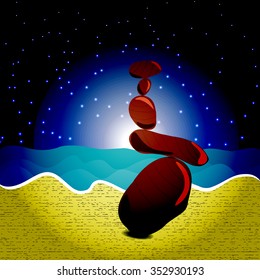 Zen rocks on the beach at midnight. Style Surrealism. Cartoon. Night Meditation.