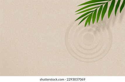 Patrón de arena zen con hojas de palma,Jardín Zen con líneas de círculos rayados en un fondo de arena suave,Armonía,Meditación,Concepto como Zen, textura de playa de arena con espiritual simple en la playa de verano