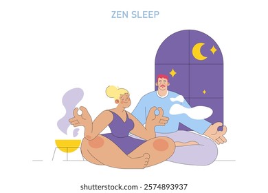 Zen Sleep concept. Couple meditating before bedtime to enhance sleep quality. Mindfulness meditation for restful night, wellness routine. Vector illustration.