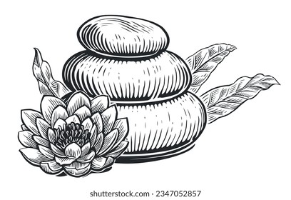 Zen spa basalt stones with flower lily and eucalyptus leaves. Massage therapy sketch vintage vector illustration