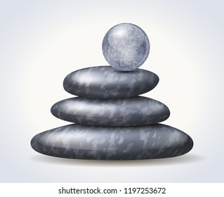 Zen Spa stones stack illustration with abstract textured sphere on its top. Balance concept.  EPS 10