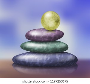 Zen Spa stones stack illustration with abstract textured sphere on its top. Balance concept. EPS 10