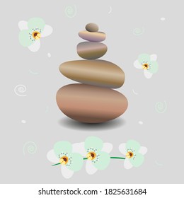 Zen stone balance, delicate white orchid flowers and decor. 3D image of stones, flowers. Vector illustration for spa salons, yoga studios, relaxation studios.