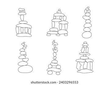 Cañones de piedra Zen ambientados en simple forma de doodle abstracto contorno ilustración vectorial, relax, meditación concepto de yoga, pirámide de piedra boho clipart para hacer banner, afiche, tarjeta, impresión, arte de pared