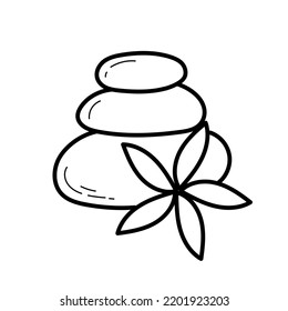 Zen stone with flower - outline doodle icon. Spa concept with zen stones illustration on white