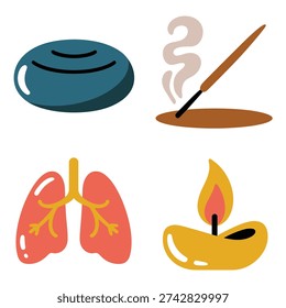 Zen stone and incense burner with lung health icon and diya lamp, aromatherapy wellness, breathing exercise, yoga meditation vector design