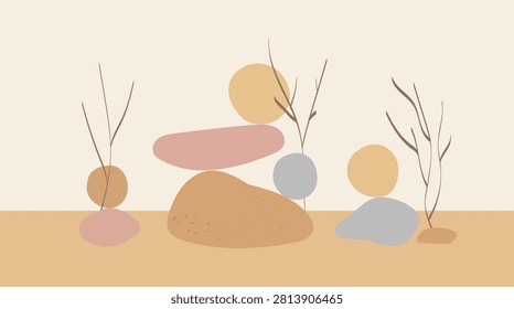 Zen stone stack, abstract shapes, minimalist style, wellness concept