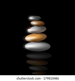 Zen stone tower with ladybug.Vector meditation background 
