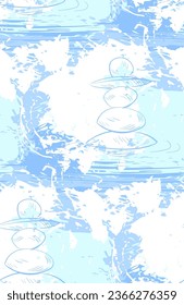 zen stones balance blue white japanese chinese traditional vector illustration card background seamless pattern colorful watercolor ink textured