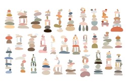 Zen Stones Cairns Set Simple Abstract Flat Style Vector Illustration, Relax, Meditation And Yoga Concept, Boho Colors Stone Pyramid For Making Banners, Posters, Cards, Prints, Wall Art
