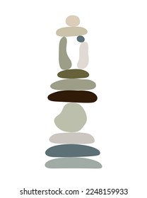 Zen stones cairns simple abstract flat style vector illustration, relax, meditation and yoga concept, boho colors stone pyramid for making banners, posters, cards, prints, wall art