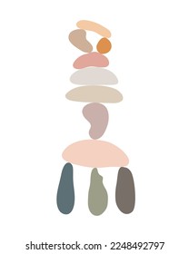 Zen stones cairns simple abstract flat style vector illustration, relax, meditation and yoga concept, boho colors stone pyramid for making banners, posters, cards, prints, wall art