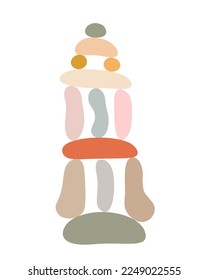 Zen stones cairns simple abstract flat style vector illustration, relax, meditation and yoga concept, boho colors stone pyramid for making banners, posters, cards, prints, wall art