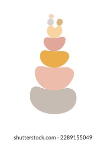 Zen stones cairns simple abstract flat style vector illustration, relax, meditation and yoga concept, boho colors stone pyramid for making banners, posters, cards, prints, wall art