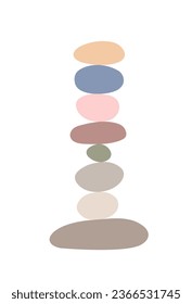 Zen stones cairns simple abstract flat style vector illustration, relax, meditation and yoga concept, boho colors stone pyramid for making banners, posters, cards, prints, wall art