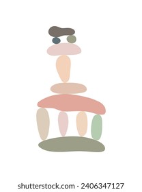 Zen stones cairns simple abstract flat style vector illustration, relax, meditation and yoga concept, boho colors stone pyramid for making banners, posters, cards, prints, wall art