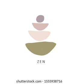 Zen stones flat vector illustration. Creative geometric shape pebble pyramid isolated on white background. Spa rocks color drawing. 