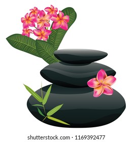 Zen stones heap with bamboo leaves and flower on white background.
