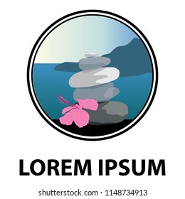 zen stones and hibiscus flowers with sea shore landscape in behind, logo icon