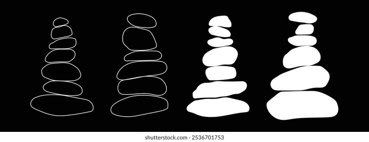 Zen stones logo template vector illustration. Balance rocks logotype concept. Smooth pebble sign set for spa, wellness, beauty designs, business cards, company branding. Black, white meditation icons.