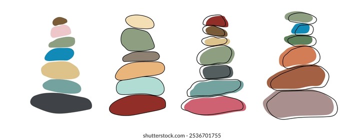 Zen stones logo template vector illustration. Balance rocks logotype concept. Smooth pebble sign set for spa, wellness, beauty designs, business cards, company branding. Black, white meditation icons.