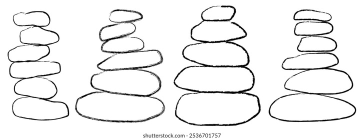 Ilustração do vetor do modelo de logotipo do Zen stones. Equilíbrio rochas logotipo conceito. Sinal de seixo suave definido para spa, bem-estar, desenhos de beleza, cartões de visita, marca da empresa. Ícones de meditação pretos e brancos.