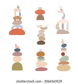 Las piedras de Zen establecen simple ilustración de vector de estilo plano abstracto, relajación, meditación y concepto de yoga, colores boho 