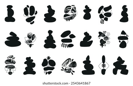 Zen stones silhouettes. Abstract balanced pyramids, decorative hand drawn botanical elements. Harmony, relax, recreation elements, neoteric vector set