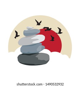 zen stones, wild birds and sky with red sun